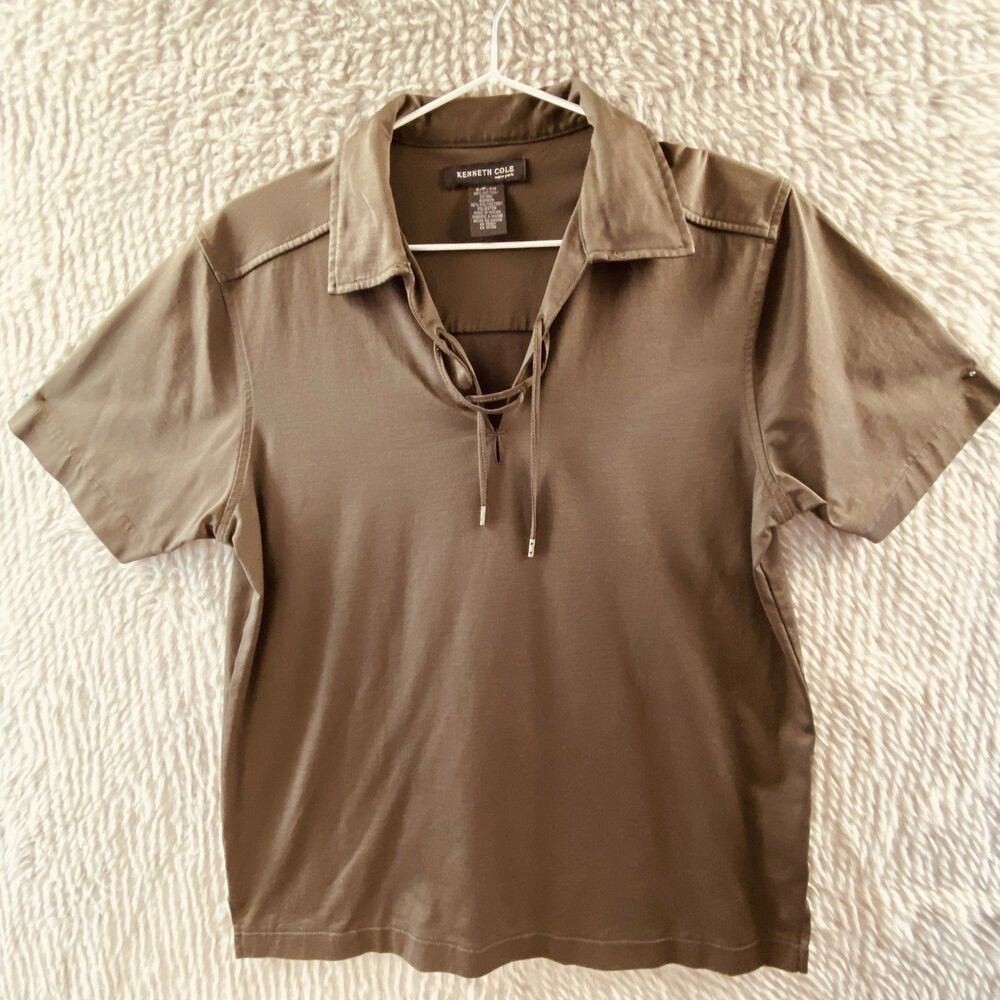 Kenneth Cole Men's S Small Polo Shirt Dark Brown Lace Up V-Neck Short Sleeve